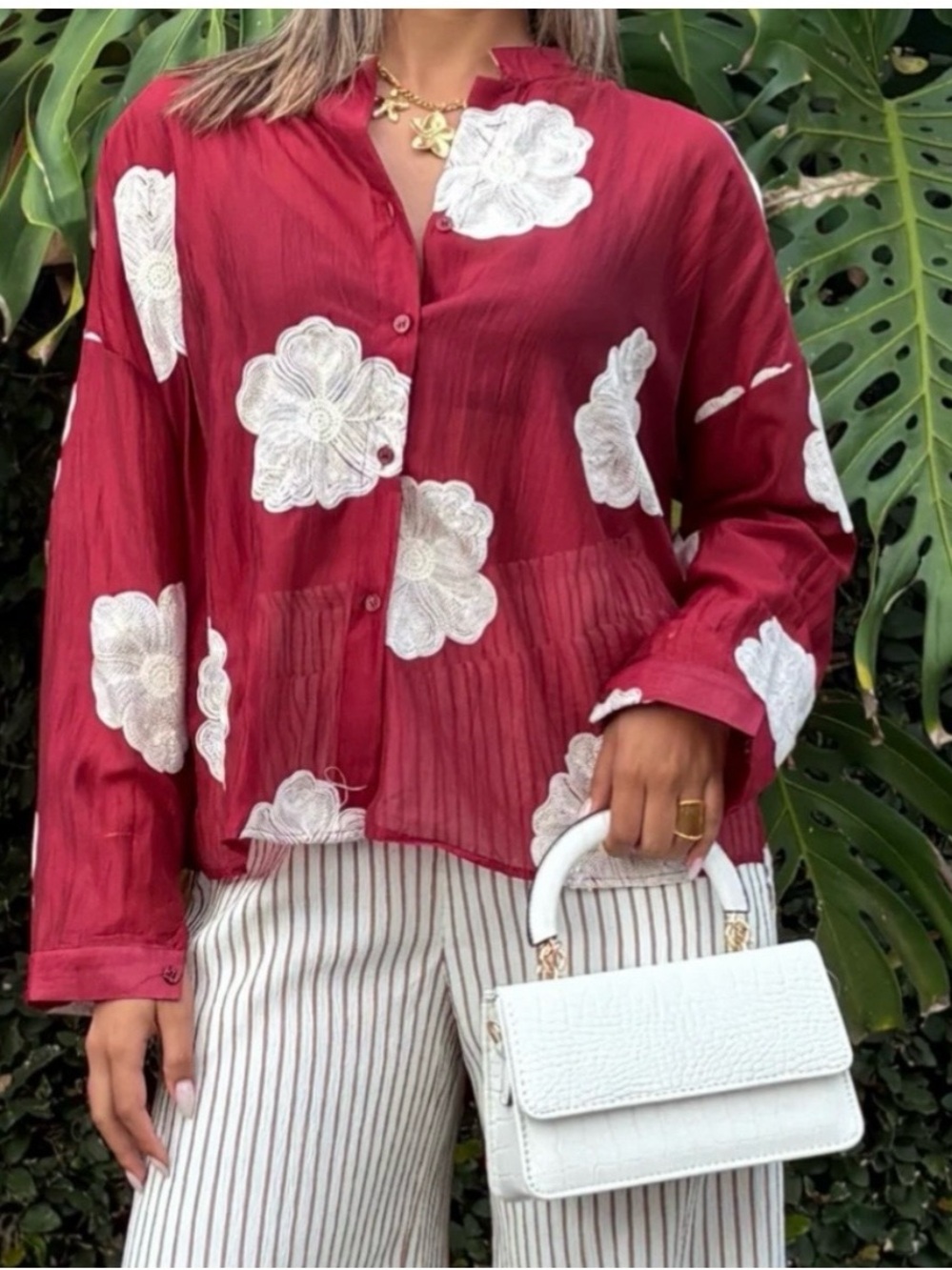 Women’s Floral Embroidered Button-Up Blouse - Burgundy